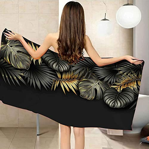 Badetuch Groß 90x180 cm, Mikrofaser Schnelltrocknend Strandtuch 3D Schwarze Und Goldene Palmblätter Strandhandtuch Sauna Badehandtuch Yoga Handtuch Strandtücher Strandlaken Duschtuch Duschhandtuch