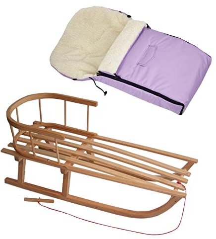 Kombierbjudande träsläde med ryggstöd och dragrep + universell vinteråksäck (90 cm), även lämplig för babystol, barnvagn, buggy, lammull, uni (syren + släde)
