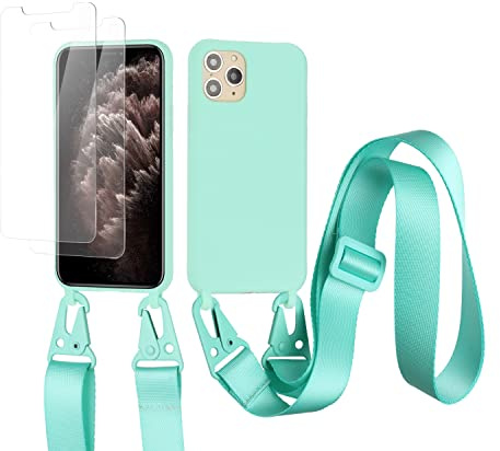 vrupin kompatibel mit iPhone 11 Pro Handykette Hülle,[2 Stück Schutzfolie 9H Härte Gehärtete Folie].Necklace Hülle Nylon Schultergurt Weich Flüssiges Silikon-hellgrün