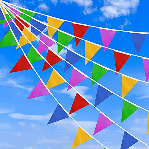 DOJoykey 328ft/100M Bunting Banner, Reusable Nylon Fabric Pennant Bunting with 200pcs Triangle Flags for Mother‘s Day Home Outdoor Garden Birthday Wedding National Day Party Decoration
