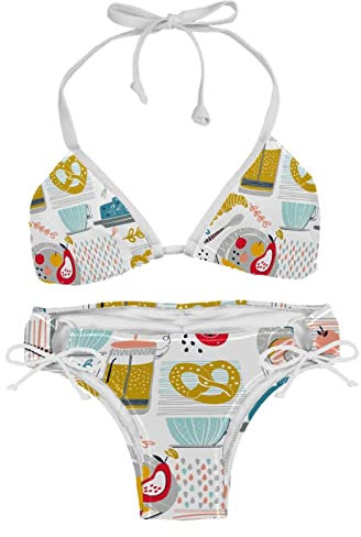 Ensemble Bikini Femme 2 pièces Maillots de Bain imprimé Floral,Petit Déjeuner Assiette Pain Boisson Fruit