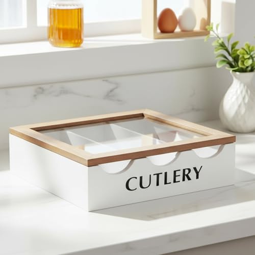 Maison des cadeaux - Organizzatore per posate con 3 scomparti, portaoggetti in legno bianco con coperchio a finestra