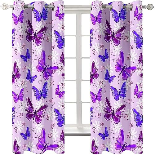 Homxi Küchen Gardinen Blickdicht 2er Set,2 x 137W x 214H cm,Blickdichter Vorhang Schlafzimmer Rose Lila Schmetterlings und Blumendruck Vorhänge Ösen