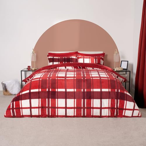 OHS Red Single Duvet Cover Teddy Fleece Check, Single Quilt Cover Duvet Bed Set Luxury Ultra Soft Comfy Christmas Bedding Tartan Duvet Sets with Pillowcase