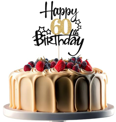 JEKUGOT 60th Birthday Cake Toppers, Black and Gold Glitter Cake Decorations, Happy 60th Birthday Cake Toppers for Men and Women Themed Party (1pcs)