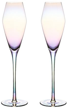 HIUHIU Vintage Wine Glasses Set of 2, Hand Blown Wedding Champagne Flutes Glass With Long Stem Elegant Drinking Glassware Gift for Party, Restaurants, Home Bar,Iridescent,E