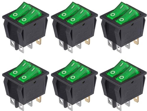 VEXUNGA Interruptor Doble Interruptores Basculante ON OFF 6 Terminales Pulsador Conmutador 15A 250VAC 20A 125VAC con Luz Verde Encendido/Apagado (6 Piezas)