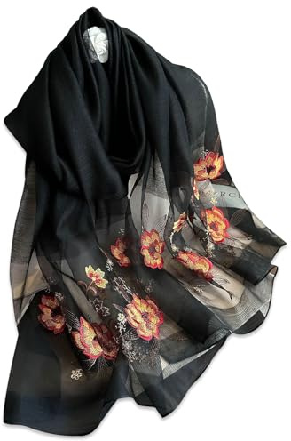 LumiSyne Seidenschal Chiffon Schal Für Damen Zarte Lotus Blumen Stickerei Transparenter Tüll Leichte Weich Lange Halstücher Sonnenschutz Stola Durchsichtiger Schal Frühling Herbst