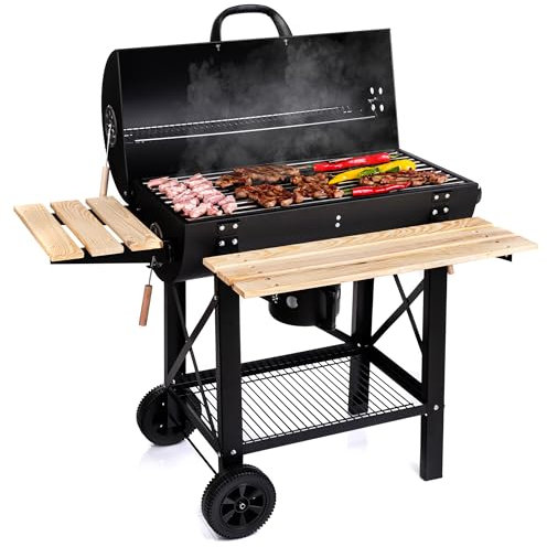 LEHMANN Barbecue Charbon de Bois avec Grille de Cuisson XL, avec Deux Étagères en Bois, Couvercle, Roulettes et Poignée non Chauffante, Barbecue à Charbon pour le Jardin, la Terrasse, le Camping