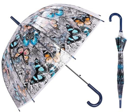 ThreeH Clear Bubble Umbrella Curved Handle Sturdy Plastic Transparent Dome 8 Ribs Automatic Open Stick Umbrella,Blue
