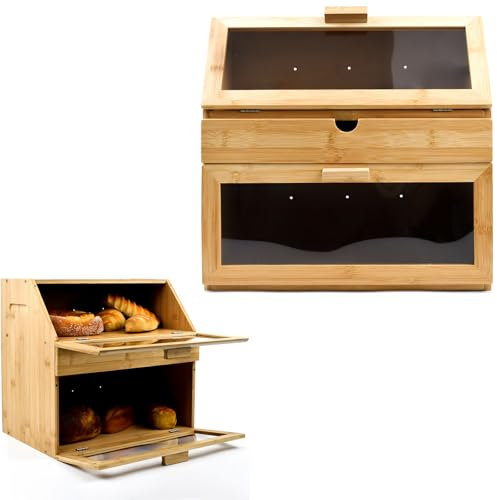 Maison Des Cadeaux Bamboo Bread Bin with 2 Tier Storage & Pull-Out Drawer | Large Bread Box for Kitchen Worktop | Magnetic Clear Front Doors | 38x26x36cm Bread Bin Bamboo