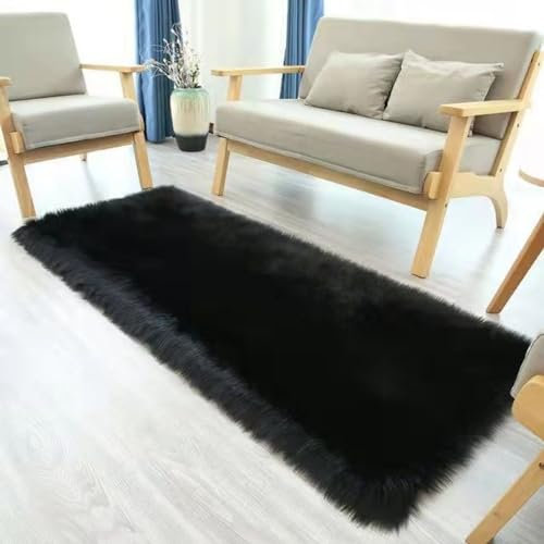 YUGWNN Schwarz Flokati Teppich Waschbar Bettvorleger Fell,Kunstfell Stuhlauflage Dekofell,Rechteckig 60x180cm/23.6x70.7in