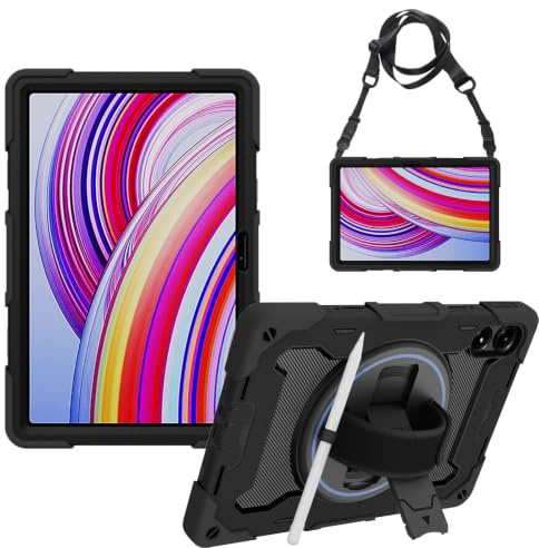 zenrich Custodia antiurto per Xiaomi Redmi Pad Pro 12,1 Pollici 2024, robusta custodia di protezione armatura con supporto rotante, cinghia a mano, tracolla e porta stilo - Nero