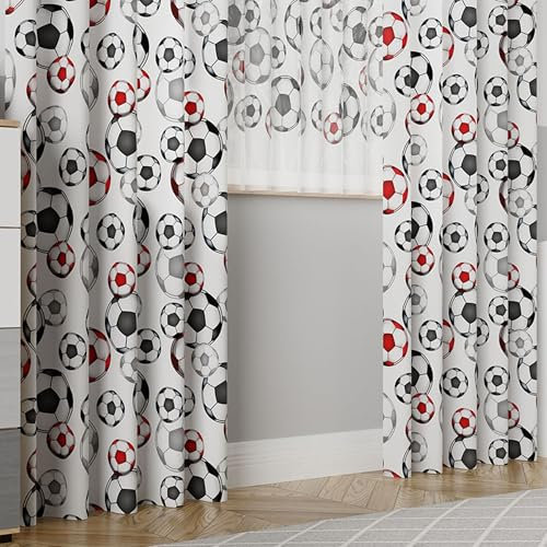 Gardinen Vorhangen Weiß 140x270 cm (BxH) Fußbälle Rot Kinderzimmer Stores Gardinen mit Kräuselband Kurz Lang Scheibengardine Vorhänge Fertiggardine Satin-Stoff