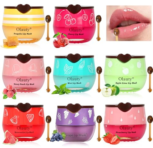 8 PCS Bee Lip Balm Honey Pot - Strawberry, Watermelon, Apple Lime, Cherry, Mint, Grapes & Peach Flavors, Honey Lip Balm Bulk - Sleeping Mask Overnight for Cracked Lips, Mothers Day Gifts, Bulk Gifts
