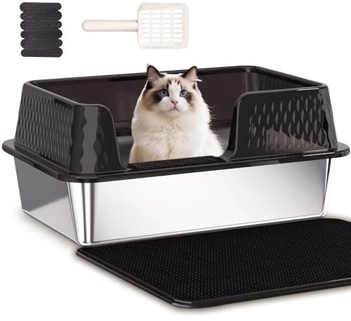 Pawsayes Stainless Steel Cat Litter Tray with Lid & High Sides, Metal Litter Pan, Low Entry Open Top for Kittens, Senior & Disabled Cats, Non-Stick Easy Clean Odour Control, Includes Scoop – Size M