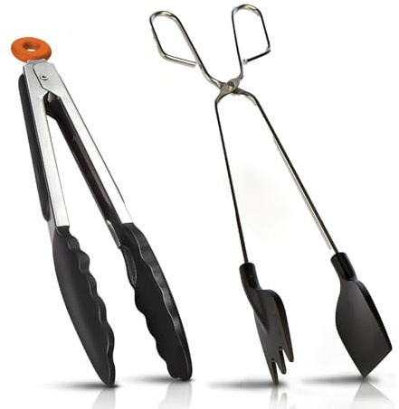 Pinzas de Cocina-Pinzas de cocina de silicona y acero inoxidable -Pinzas de cocina de nailon con puntas de silicona-pinza acero inoxidable- pinza para barbacoa de 27 Cm y 30 Cm.