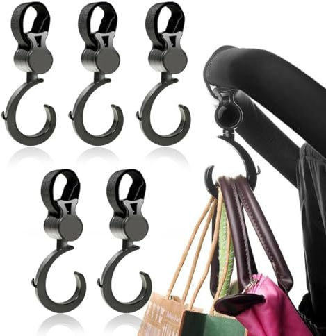 5 Pezzi Ganci Passeggino Rotanti, Ganci per Passeggino Porta Borse in Alluminio, Multiuso Gancio Clip con Chiusura Regolabile, Leggero E Resistente (Nero)