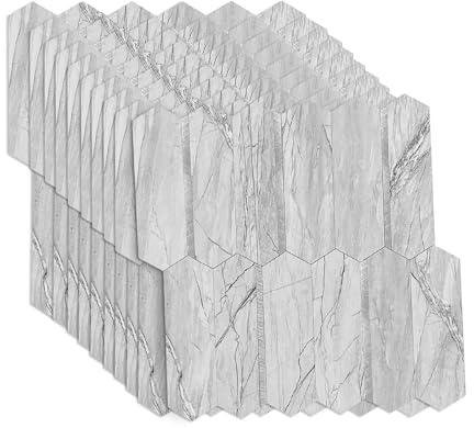Selbstklebende Mosaikfliesen Hexagon 27-x27cm – 10 Stück – PVC Aluminium Fliesenaufkleber – Küchenrückwand Wandfliesen Bad Küche – Wasserdicht, Modern, 3D Optik (Marmor - Silber)