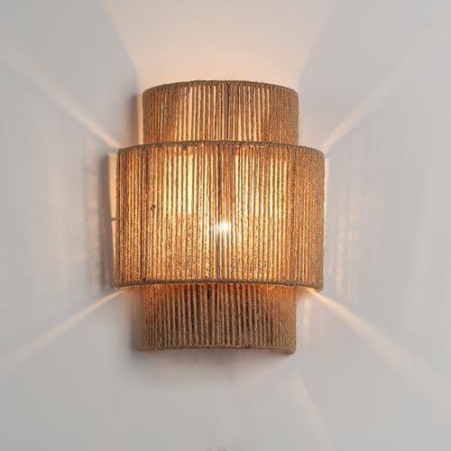 Alpinaluz Aplique de Pared de Cuerda de Yute Natural – Estilo Bohemio Hecho a Mano con Luz Decorativa en Tres Niveles, Casquillo E27, Ideal para Salón o Pasillo de Estilo Rústico Moderno
