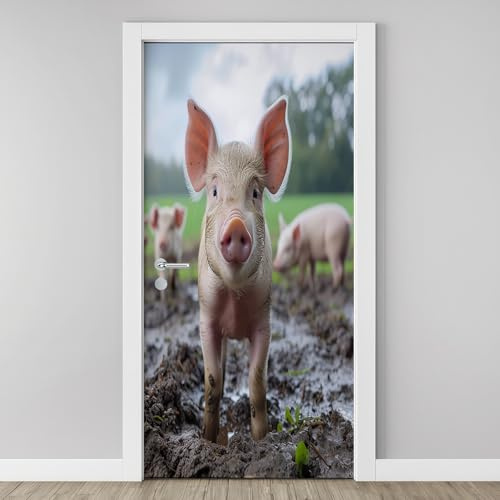 Schwein im Schlamm Türtapete 3D Selbstklebend, Rustikales Bauernhof Tier Fototapete, Vinyl Folie Wasserfest Lustige Wandtattoo für Schlafzimmer Wohnzimmertür Küche Badezimmer 90x200cm O2e58