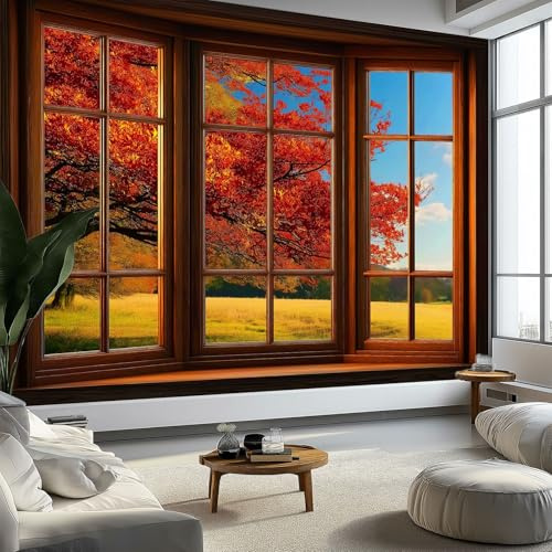 250 x 175 cm Papier peint panoramique – Affiche murale Paysage D'Automne À L'Extérieur De La Fenêtre, papier peint intissé Jaune personnalisé 3D, décoration murale pour salon et chambre d'enfant