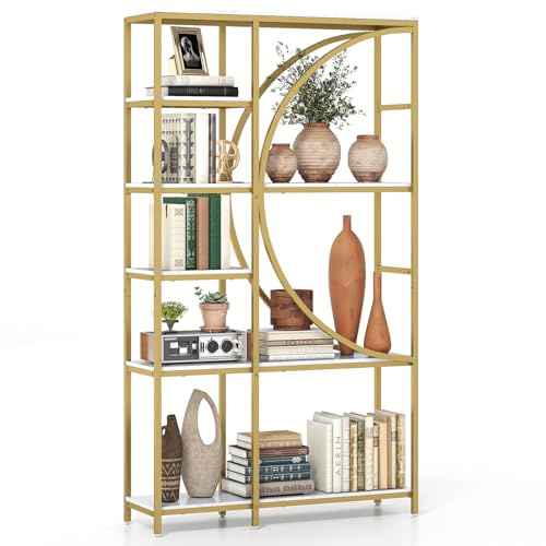 COSTWAY 5/6-Tier Bookshelf, Industrial Etagere Bookcase with Arc-Shaped Design and Open Shelves, Freestanding Metal Frame Tall Display Shelf Storage Organizer (White, 100 x 30 x 177 cm)