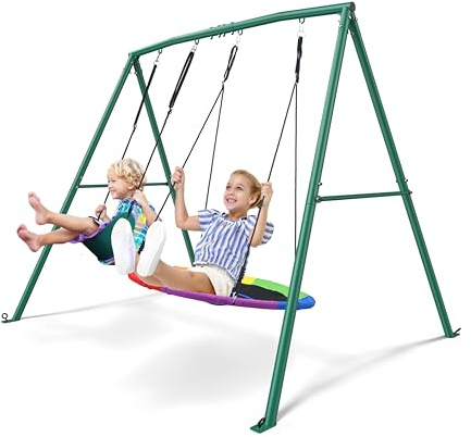 Trekassy Portique Balancoire Exterieur Enfant, capacité 200 kg avec 2 Balancoire, Cadre en Métal Robuste en A et Corde Réglable,pour Adulte et Enfant de 3 Ans+, pour Arrière-Cour Aire de Jeux