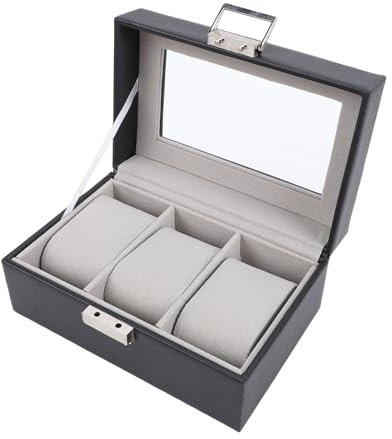 Aramox Klocklåda för Män, Läder 3-Facks Klockdisplayfodral med Glaslock och Avtagbar Dyna, 16,5x11x8 cm, Svart