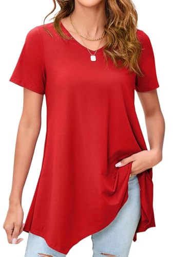 Enmain Camiseta Mujer Manga Corta Rojo Verano Talla Grande Cuello en V Casuales Elegantes Túnica Top Blusa de Estampadas T Shirt Playa Vacaciones M