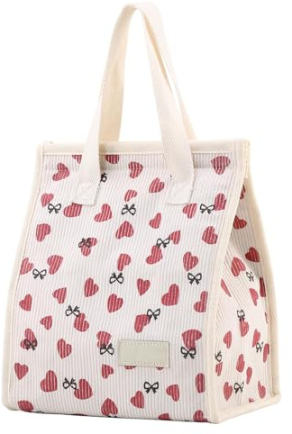 Dermalyx Bolsa De Almuerzo con Estampado De Corazón En Blanco Crema, Lonchera Aislada, Bolsa Refrigerante Reutilizable, Bolsa para Picnic, Contenedor Térmico, Bolsa Portá