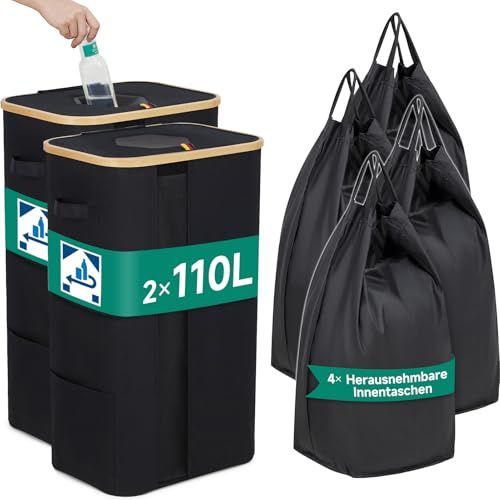 Fulasofia 2er Set Pfandflaschen Sammelbehälter 2x110L mit Deckel, Stabiler Flaschensammler Dank Feder-Stangen [Inkl. 4 waschbaren Innentaschen] Faltbarer Pfandsammler mit Großem Einwurf für Küche