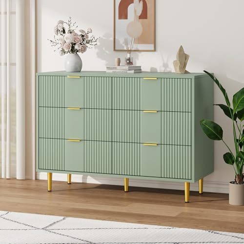 Kommode für Schlafzimmer, 100cm Breite 6 Schubladen Aufbewahrung Kommode mit Vintage Metallgriffe, tiefe Kommode für Schlafzimmer, Wohnzimmer, Flur oder Eingang, Oliv Grün (Oliv Grün, 100x40x75cm)