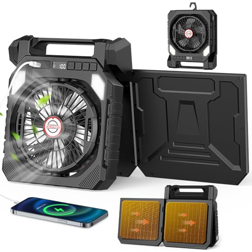 Ventilador Camping Solare con 2 Paneles Solares,Batería de 20000 mAh,Oscilación 180°,luz LED,Linterna,Pantalla Digital,Gancho,Temporizador.Ventilador Portatil para Exterior,Tienda,Hogar,Viaje