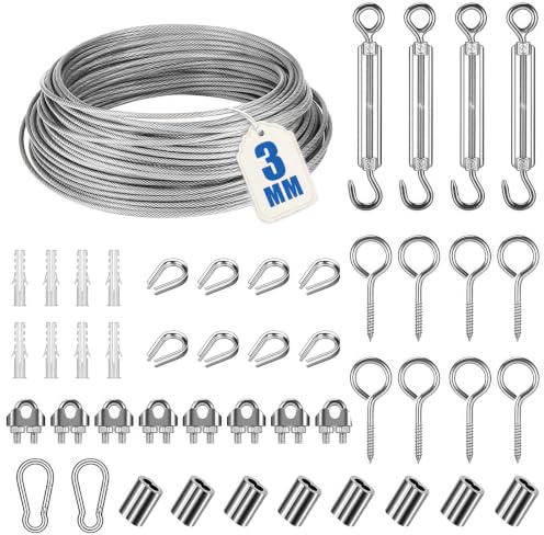 Acual 47 Tensores de Alambre Acero 304 20m PVC con 4 Tensores 8 Accesorios | Kit Tensor de Cable Acero 304 con PVC, 20m Ajustable y Resistente para Tendederos, Luces, Plantas y Jardín.
