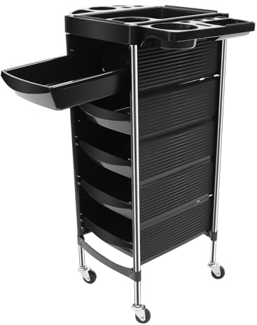 Qurib Carrello da parrucchiere con 5 cassetti e 6 livelli, ripiano superiore pieghevole, con fessura per la tintura, supporto per asciugacapelli e foro per pettine, con 4 ruote in gomma, per