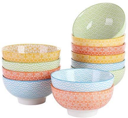 vancasso 12-teiliges Porzellan Schalen Set, 600 ml, Ø 15,2 x 7,2 cm, Mehrfarbige Müslischalen/Dessertschalen, Serie NATSUKI