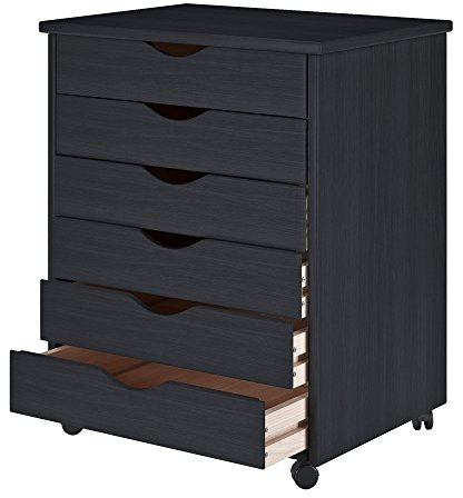 Jela-USA Solid Pine Wood 6 Drawer Wide Rolling Cart, Black