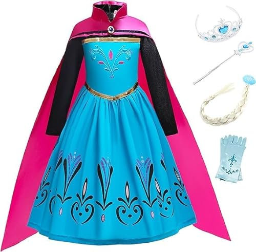 FStory&Winyee Mädchen Prinzessin Kostüm Eiskönigin Anna Kleid Set Diadem Zauberstab Umhang Karneval Frozen Cosplay Verkleidung Outfit Party Weihnachtskostüm Fasching Geburtstag Geschenk Festkleid, 150