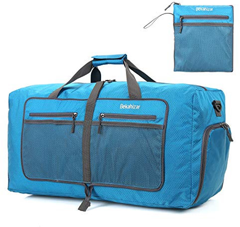 Bekahizar Leichte Faltbare Reisetasche 60L Große Travel Duffle Bag Übernachtung Taschen Verpackbar Reisegepäck Gym Sporttasche Mit Schuhfach für Herren Damen Flugzeug Camping Reisen Urlaub (blau)