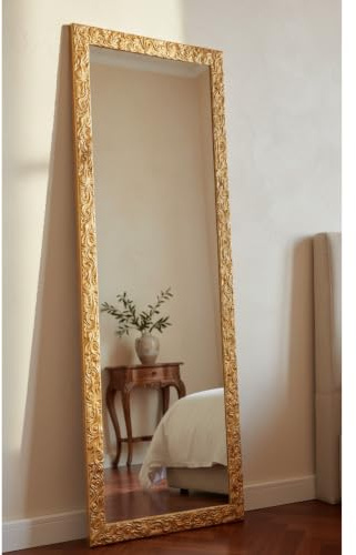 MO.WA Spiegel Wandspiegel Lehnspiegel 55x145 Klassischer Rahmen Ganzkörperspiegel Gold Antik Garderobenspiegel Lehnspiegel Flurspiegel mit Massivholzrahmen, Bodenspiegel