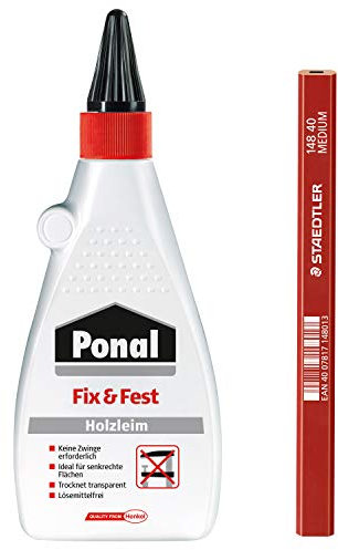 Ponal Fix & Fest Holzleim, sofort haftender Holzkleber zur Innenanwendung, transparent, ideal für senkrechte Flächen, Spar-Set mit 500 g Holzleim und hochwertigem Zimmermanns-Bleistift, 9HP500FP1X