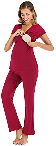 rismart Conjunto de Pijama de Maternidad Camisetas de Manga Corta y Pantalones Largos Premamá Lactancia Camison(Rojo,XXL)