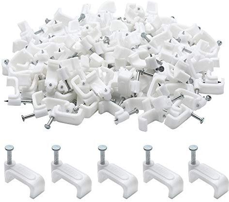 PHITUODA 100pcs 14mm Flat Ethernet Cable Wire Clips Single Coaxial Cable Clamps with Nail for Cable Management(White)