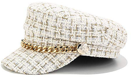 WQZYY&ASDCD Barett Cap Baskenmütze Schirmmütze Baskenmütze Weiblich Britische Retro Kette Marine Hut Kariert Tweed Flach Achteckig Mütze Lässig Mütze-Weiß_M (56-58Cm)