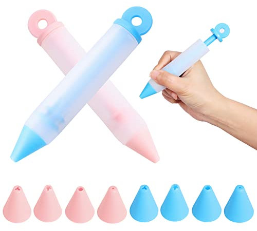 2Pieces Penna Decorazione in Silicone con 8 Beccucci, Riutilizzabile Siringa per Torta Penne per Glassare DIY Pasticceria Decorazione Penna di Scrittura per biscotti, cioccolata, torte e Caramelle