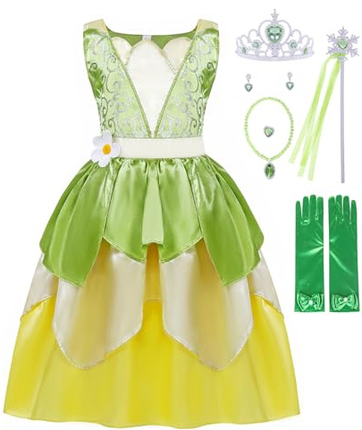 AmzBarley Princess Frog Costumes Fancy Dress up for Girls Kids Birthday Themed Party Cosplay World Book Day Dressing up Clothes Green Age 3-4 Years 110