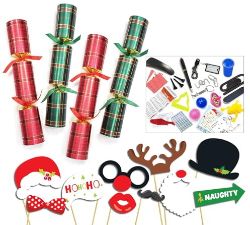 Diamond 50 x 12 Red & Green Tartan Catering Christmas Crackers with Premium content + 50pcs of party photo booth props on sticks