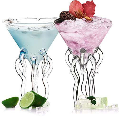 EdirFtra Octopus cup, new and unique cocktail cup 2-piece set, transparent and creative jellyfish martini glass, unique wine cup, suitable for cocktail, wine, martini, tequila
