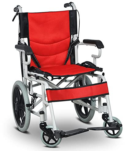 Ultraleicht Rollstuhl Faltbar Leicht Rollstühle, Kleiner Schmaler Rollstuhl für Wohnung, Reiserollstuhl für Behinderte, Bremse an den Griffen, Stuhl, 12 kg,Rot